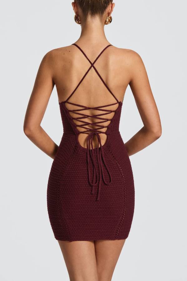 V-Neck Cutout Knit Lace-Up Bodycon Mini Dress