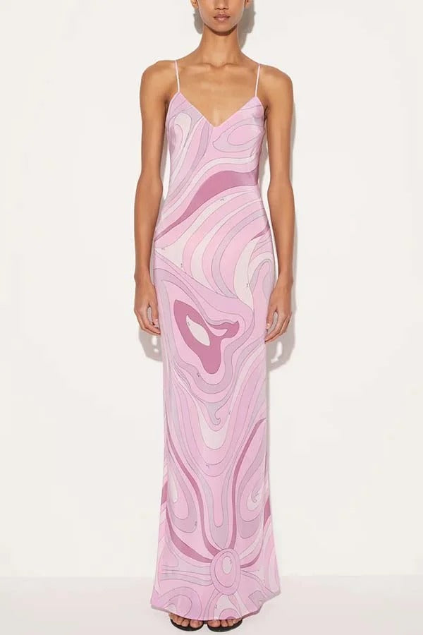 Sunny Horizon Unique Print V-neck Slit Slip Maxi Dress