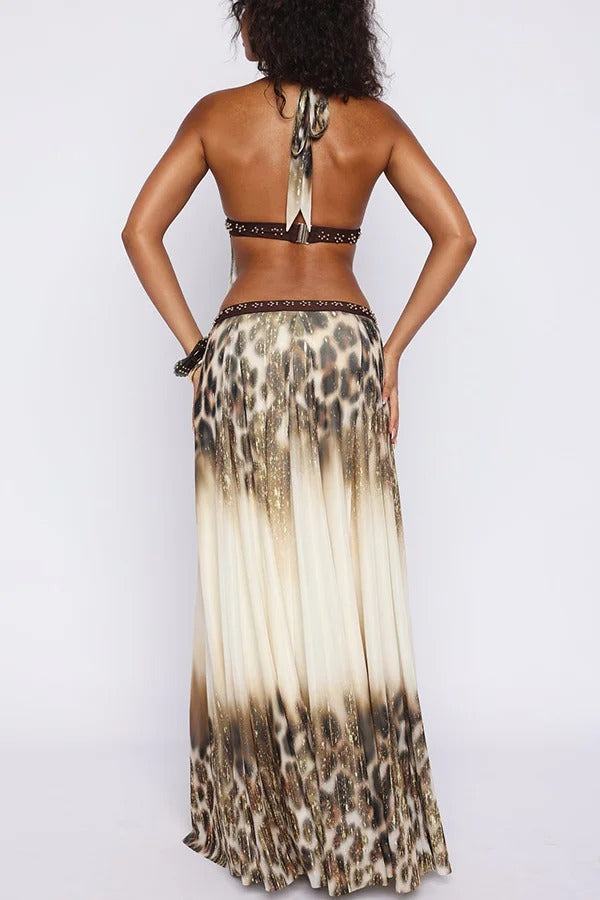 Wild Charm Gold Leopard Print Beaded Patchwork Halter Backless Maxi Dress