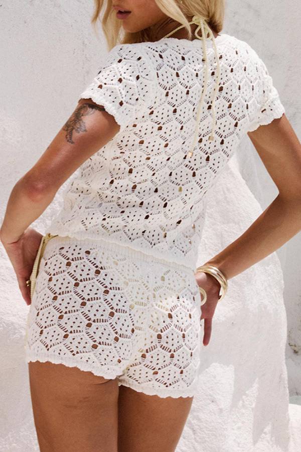 Vacation Style Crochet Knit Short-Sleeve Cardigan & Shorts Set