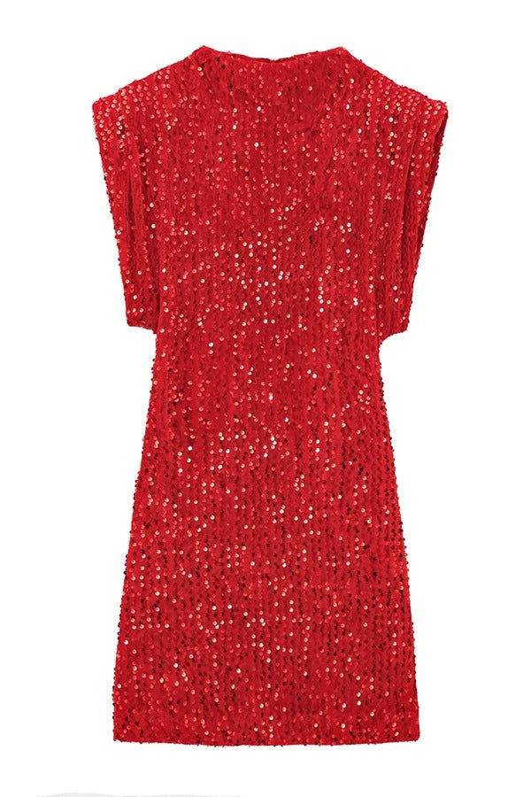 Fashionable Sequined Round Neck Sleeveless Slim-fit Mini Dress