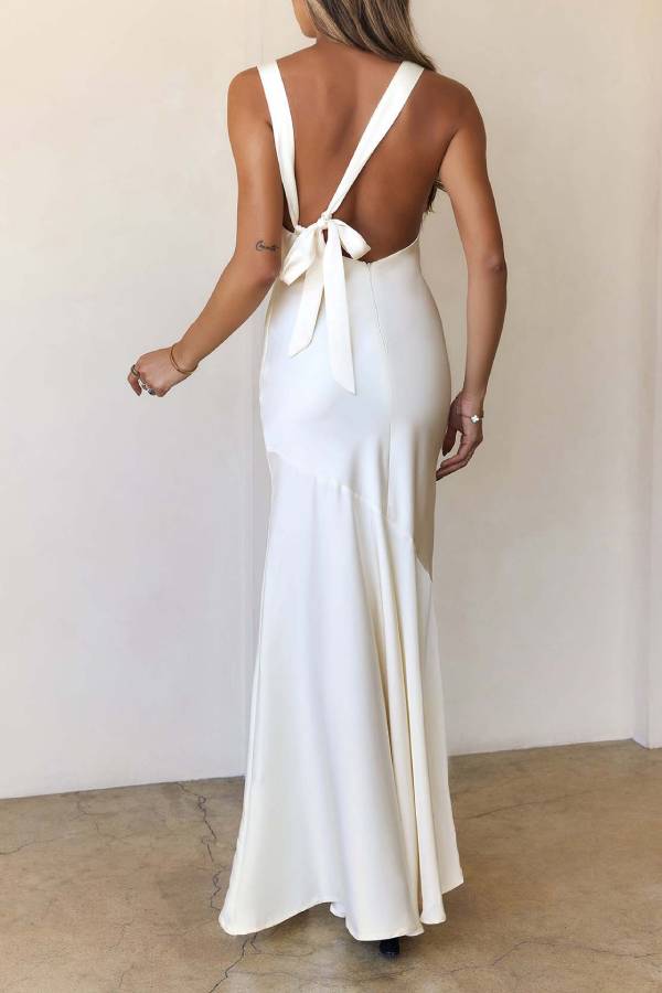 Satin Open Back Bow Bridesmaid Maxi Dress, Asymmetrical Mermaid Gown
