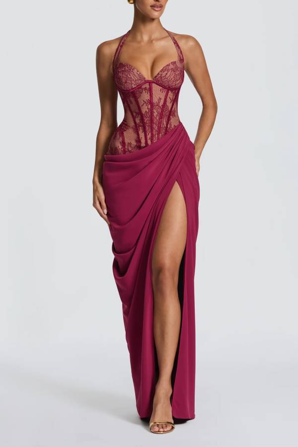 Bonita Floral Lace Contrast Structural Detail Asymmetrical Pleats Halter Slit Maxi Dress