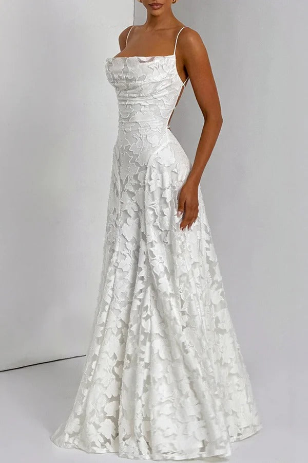 Francis Custom Floral Burnout Fabric Cowl Neck Back Lace-up Maxi Dress