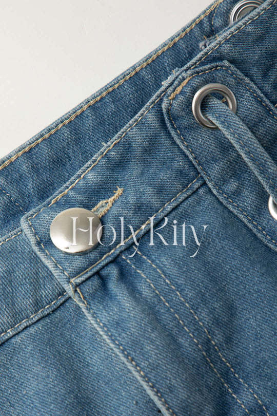 Eyelet Tie Denim Mini Skirt