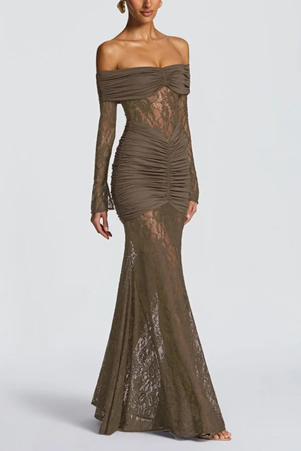Solid Color Patchwork Lace Off-shoulder Long-sleeved Pleated Slim-fit Maxi Dress