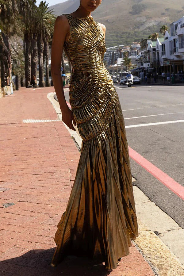 Fossil Metallic Fabric Radial Pleated Pattern Crew Neck Sleeveless Maxi Dress