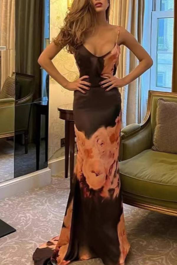 Spaghetti Strap Open Back Floral Print Satin Fishtail Train Evening Dress