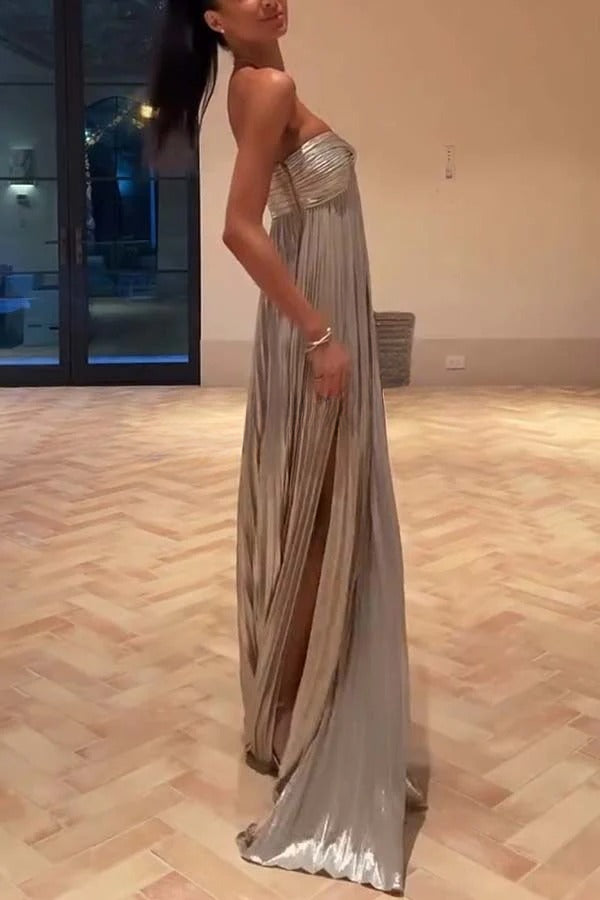 Night Elf Metallic Fabric Pleated Off Shoulder Twist Bust Slit Maxi Dress