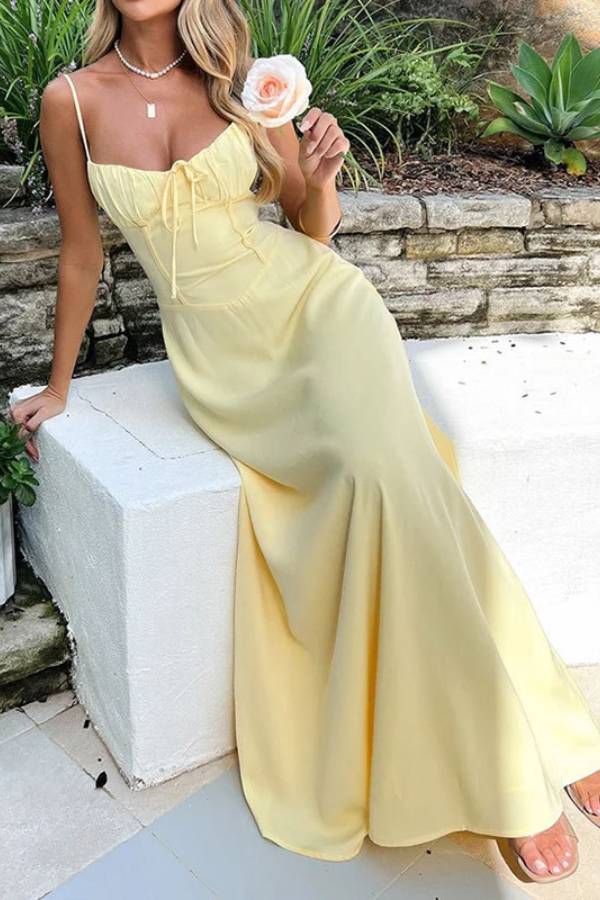 Thin Strap Bust Tie Corset Waist Mermaid Maxi Vacation Dress