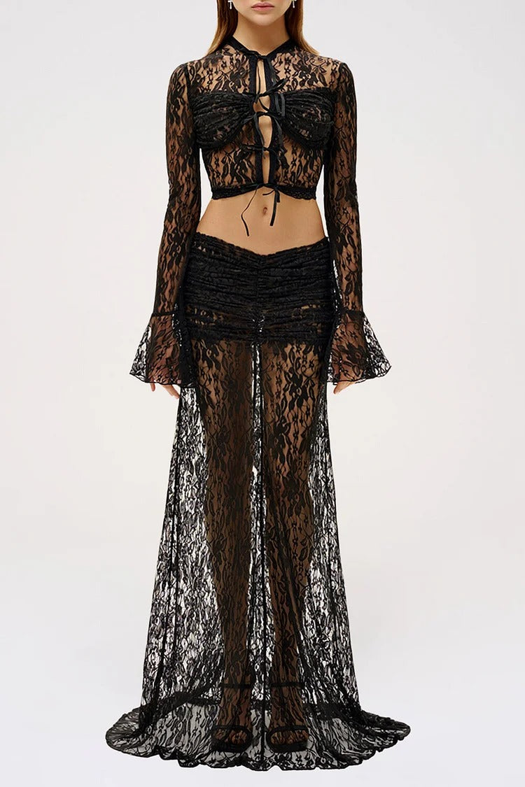 Long Sleeve Tie Up Crop Top Jacquard Lace Maxi Skirt Set