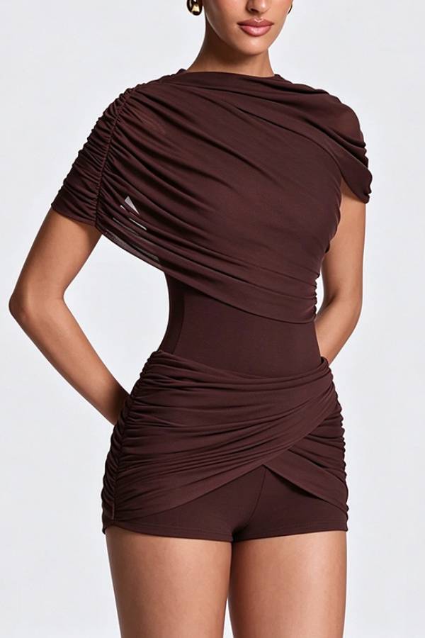 Asymmetric Draped Mesh Romper