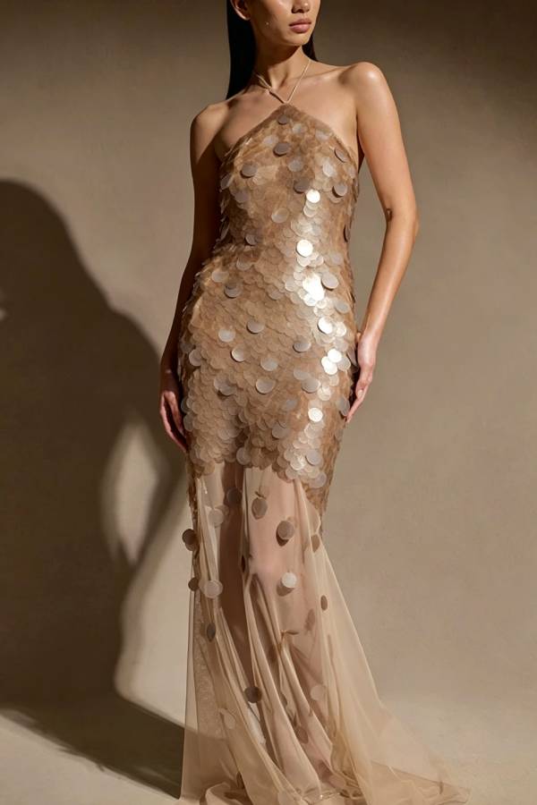 Jenny Hand Sequin Embellished Halter Tulle Hem Maxi Dress