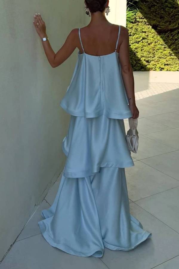 Elegant Three-layer Ruffle Sling Maxi Dress
