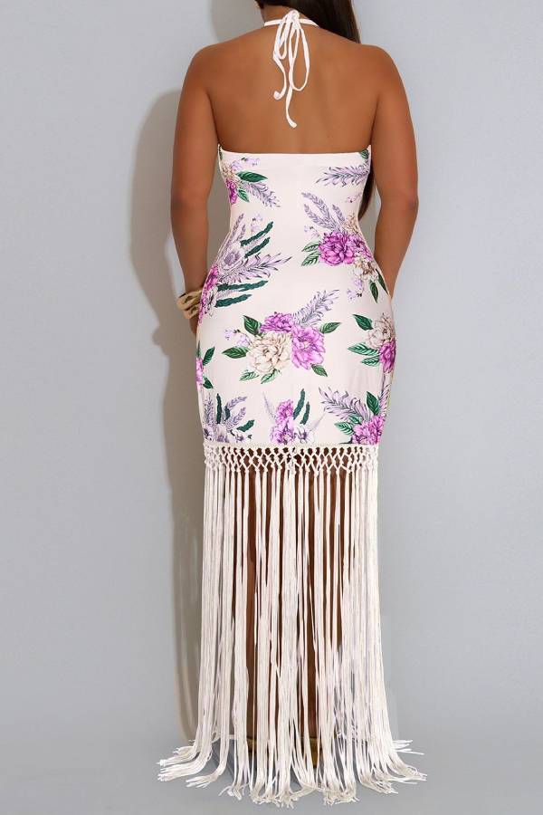Print Halter Fringe Bodycon Maxi Dress