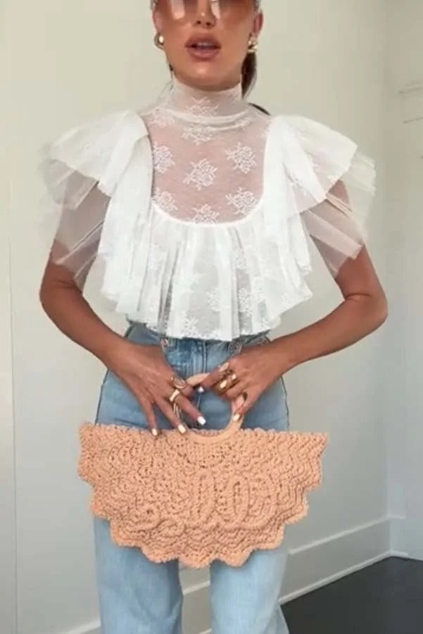 Kathlyn Lace Layered Tulle High Neck Ruffle Cropped Top