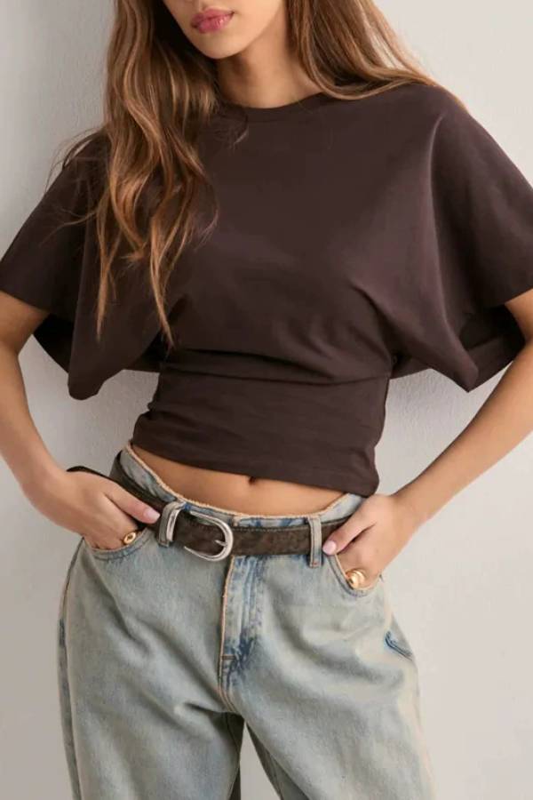 Batwing Sleeve Side Ruched Waist Crop Cotton T Shirt