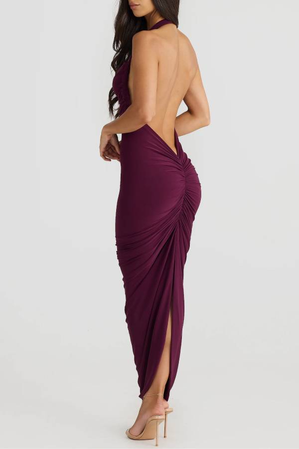 Halter neck open back pleated slim maxi dress