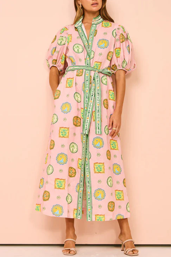 Lantern Sleeves Button Down Tie Waist Printed Midi Shirt Dress