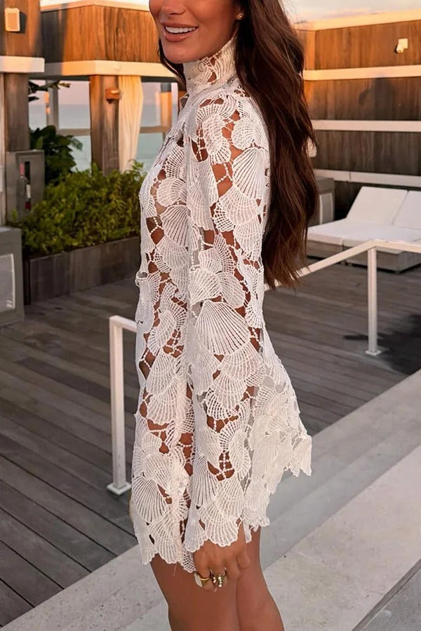 Tropica View Crochet Lace Seashell High Neck Long Bell Sleeve Mini Dress