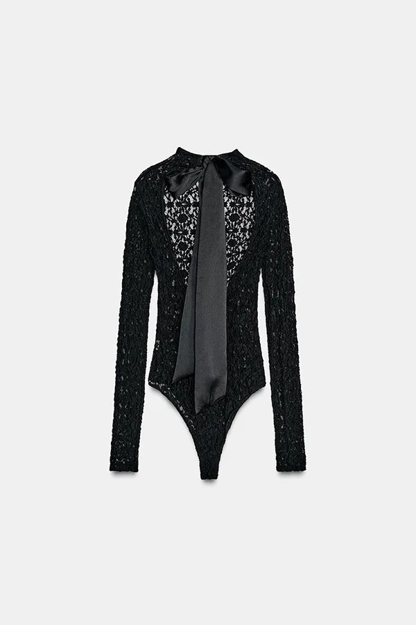 Anna Semi-sheer Lace Long Sleeve Back Bow Tie-up Cutout Stretch Bodysuit