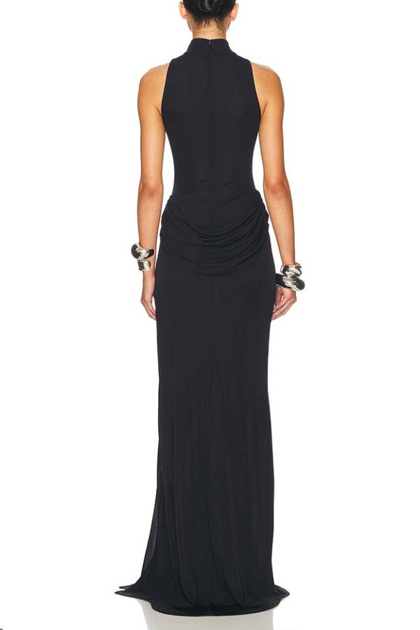 Mock Neck Sleeveless Draped Ruched High Slit Floor-Length Gown