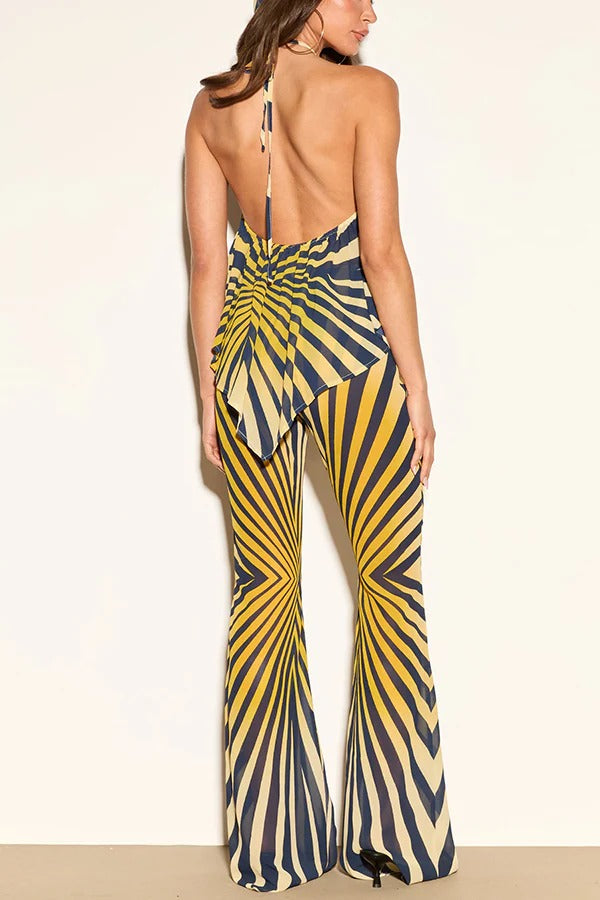 Yara Chiffon Contrast Color Zebra Print Halter A-line Top and High Rise Elastic Waist Flare Pants Set