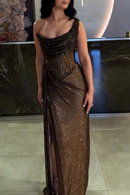 glitzy gala glitter fabric one shoulder ruched slit maxi dress – HolyKityGirl which is based on SIZE:PL Damas Dresses for Quinceanera DY1-2D