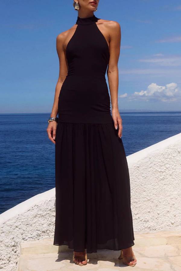 Elegant Halter Neck Ruched Drop Waist Maxi Dress