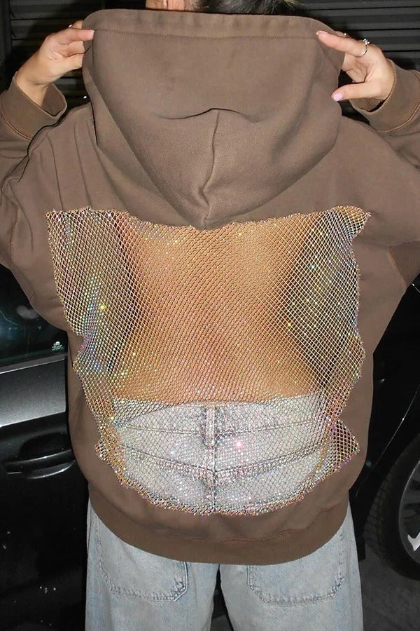 Fashionable Shiny Mesh Hollow Back Loose Long-sleeved Hooded Sweatshirt
