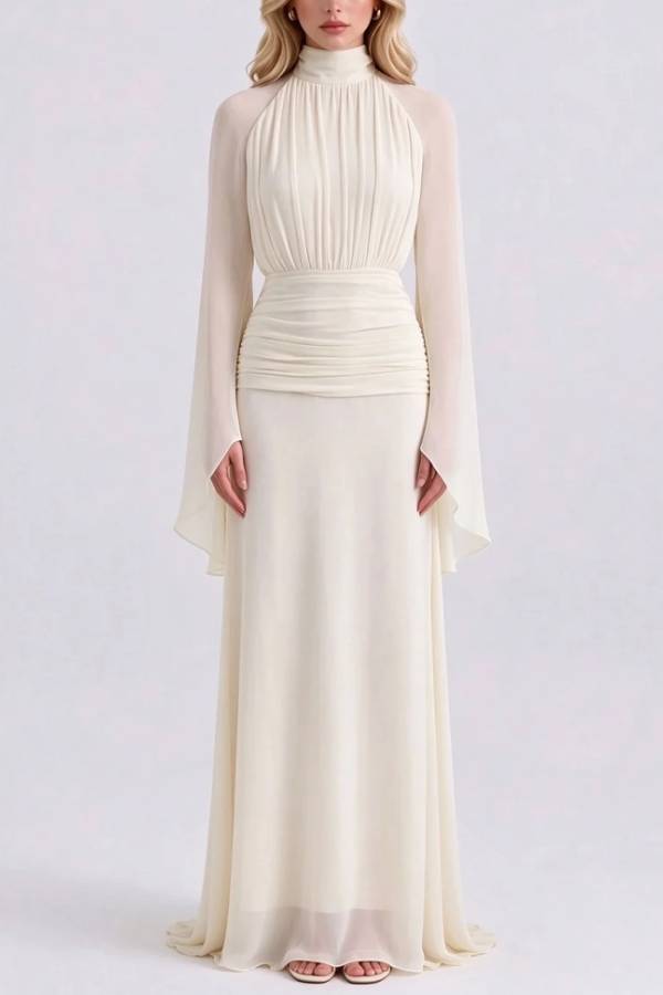 High Neck Pleated Bodice Flared Sleeve Ruched Maxi Evening Dress