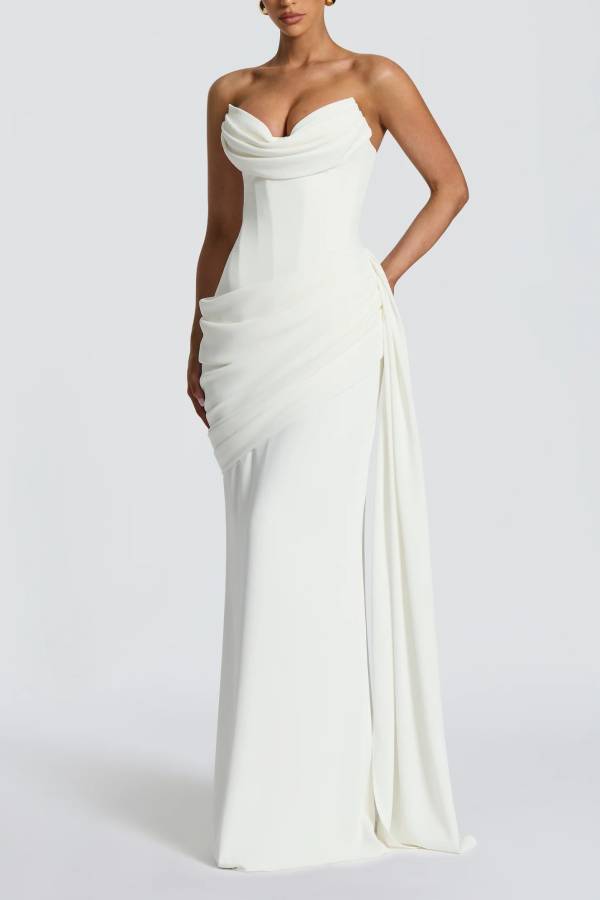 Matisse Strapless Pleated Cowl Overlay Back Lace-up Drape Panel Maxi Dress