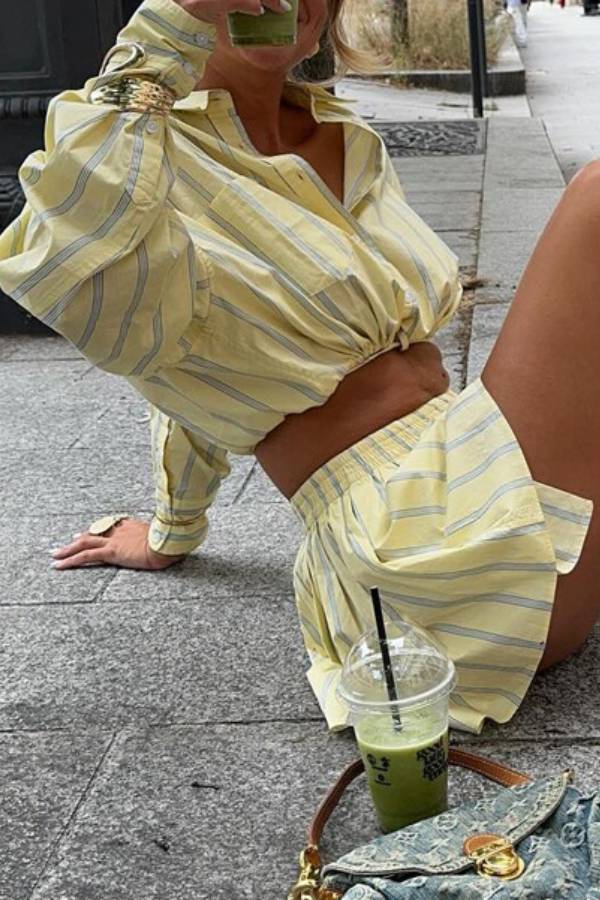 Yellow & Blue Striped Cropped Shirt + High-Waisted A-Line Skirt Set
