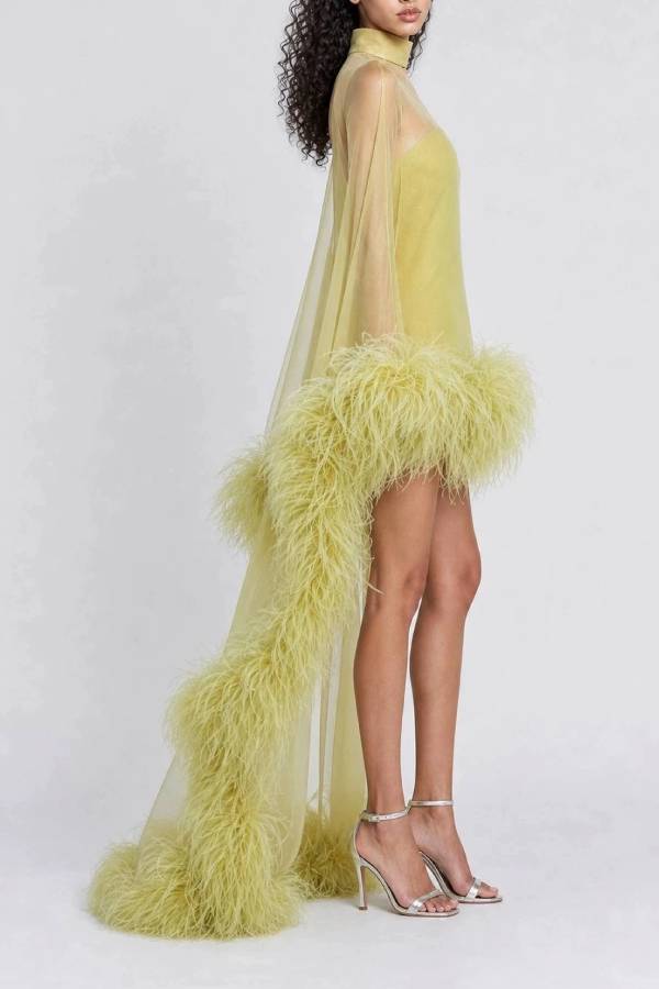 High‑Neck Tulle Feather Train Evening Gown