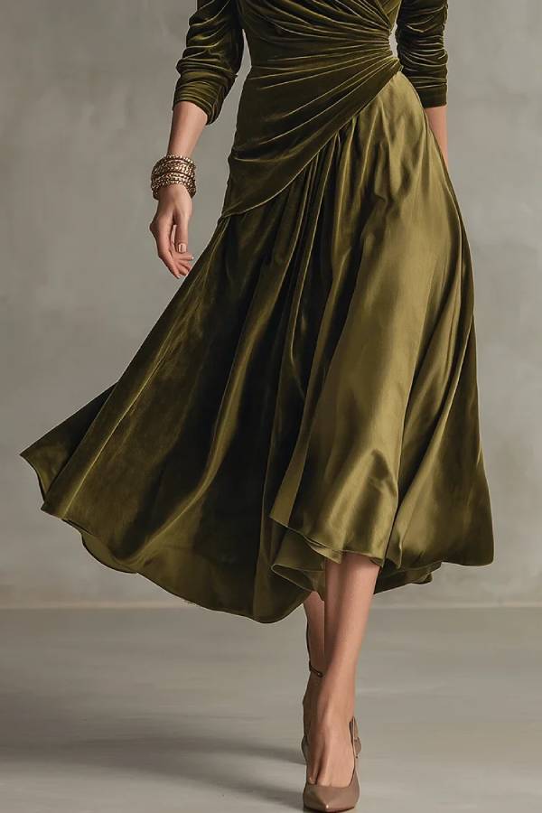 Olive Green Velvet Wrap Top& Satin Pleated Midi Skirt Two-Piece Set