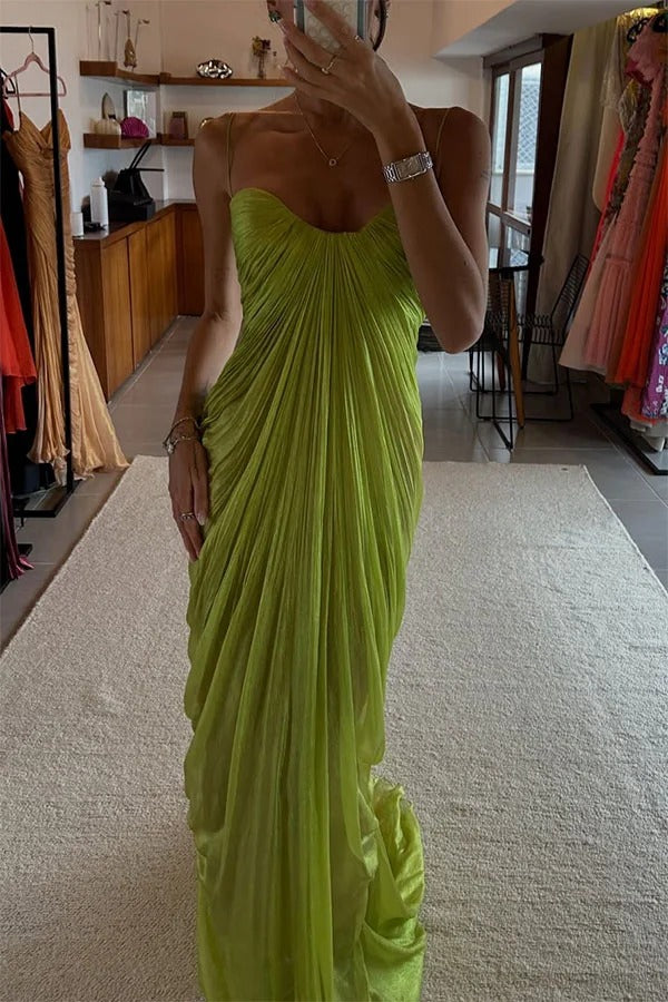 Victoria Shimmering and Flowing Pleated Fabric Back Lace-up Drape Maxi Dress