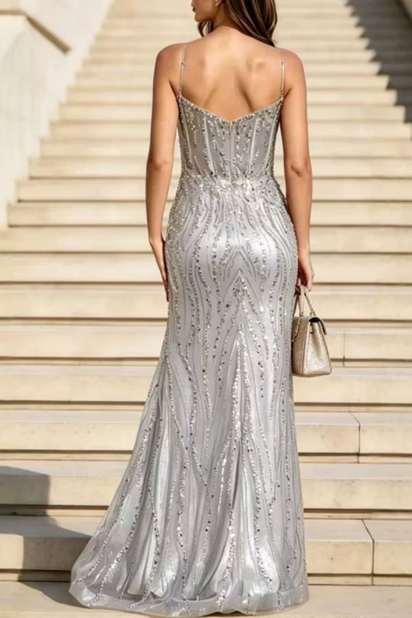 Spaghetti Strap Beaded Sequin High Slit Mermaid Evening Dress