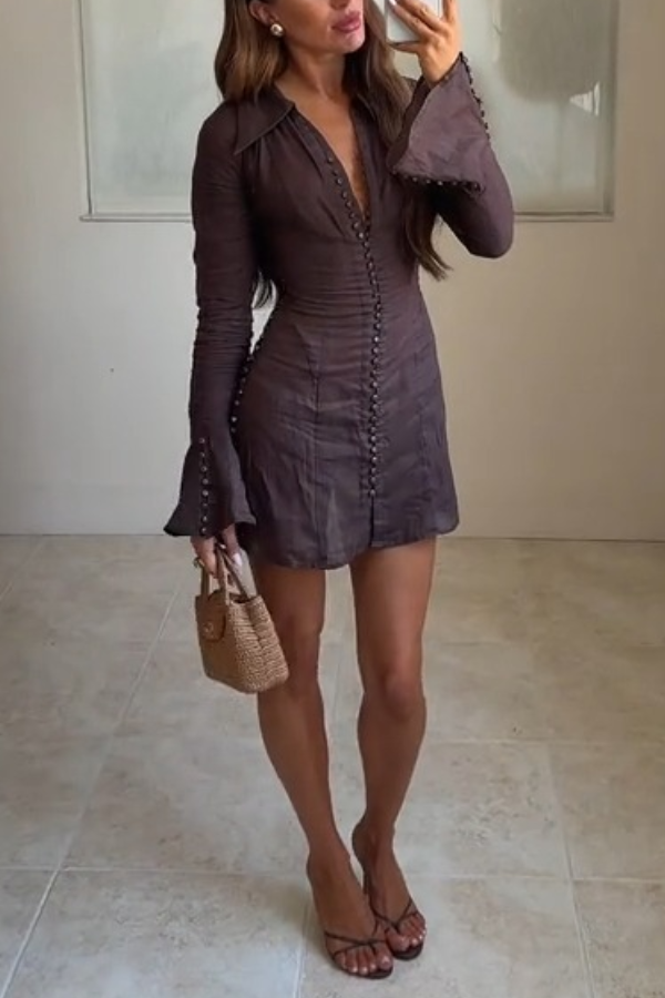 Vintage Collared Button‑Front Flare Sleeve Fitted Mini Dress