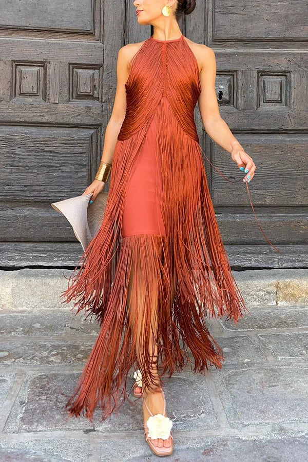 Fashion Sleeveless Halter Neck Elegant Tassel Slim Maxi Dress
