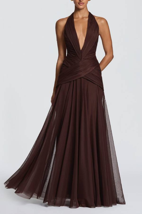 Halter Deep V Ruched Chiffon Evening Gown