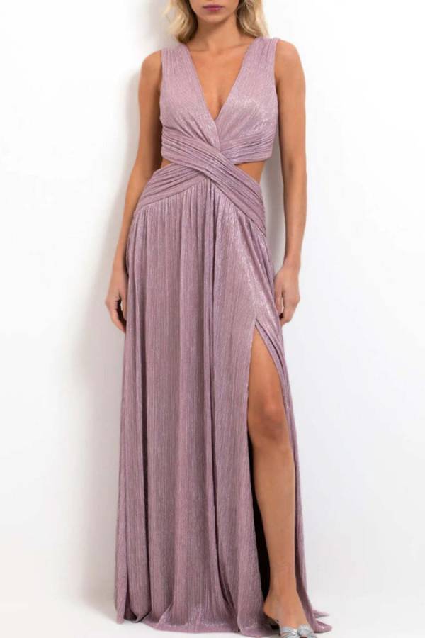 Deep V Cross Waist Cutout Slit Shimmer Evening Maxi Dress
