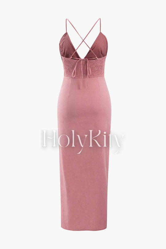 Linen-Blend V-neck Twist Front Slit Midi Dress
