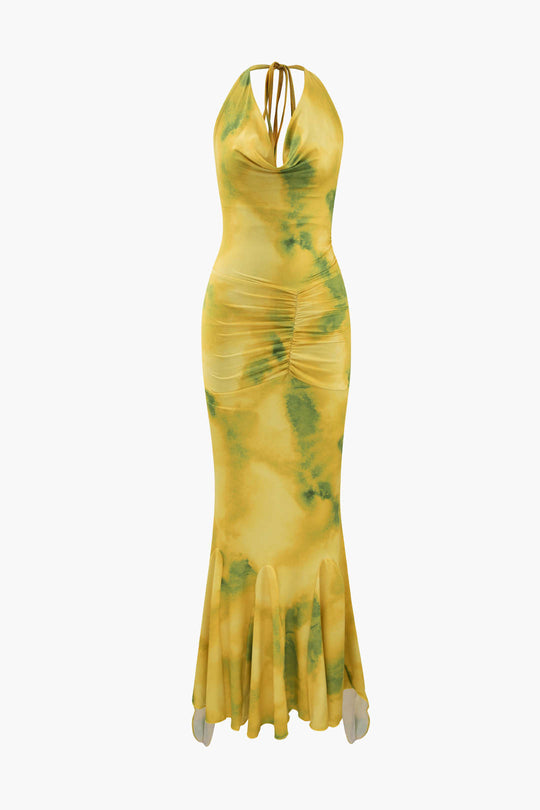 Robe longue à volants et col licou à imprimé abstrait