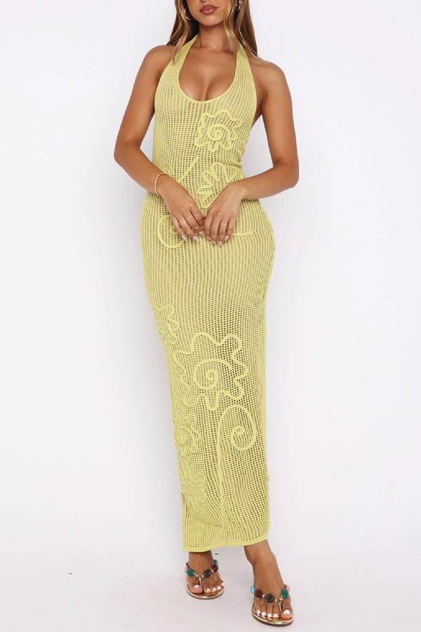 Halter Neck Hollow-Out Knit Dress with 3D Floral Embroidery