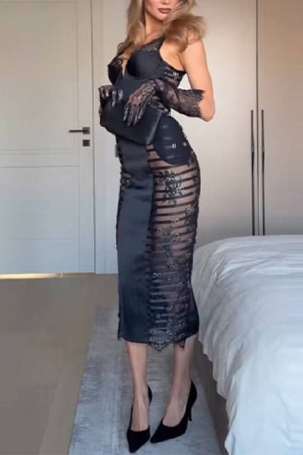 Satin Lace Strap Sheer Midi Evening Dress