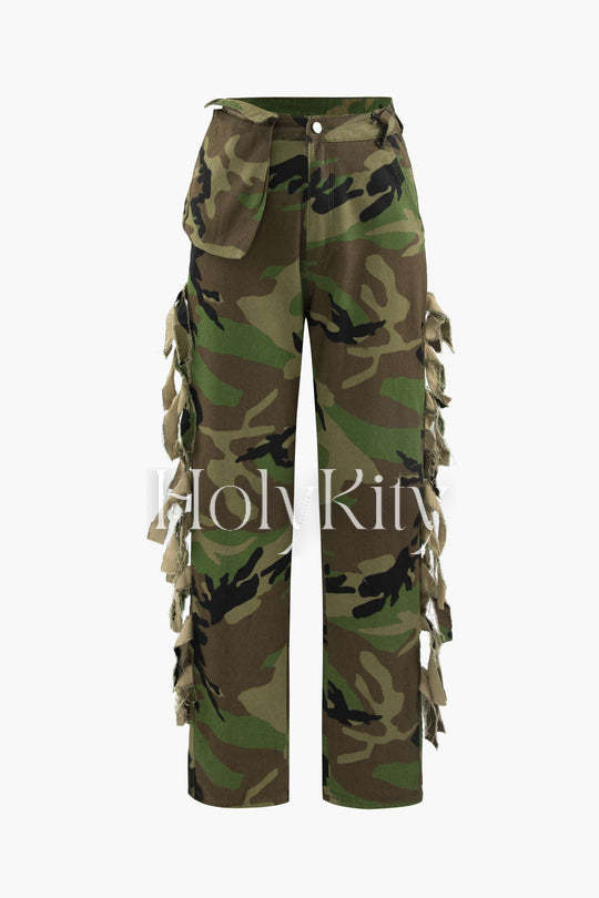 Pantalon droit à franges imprimé camouflage