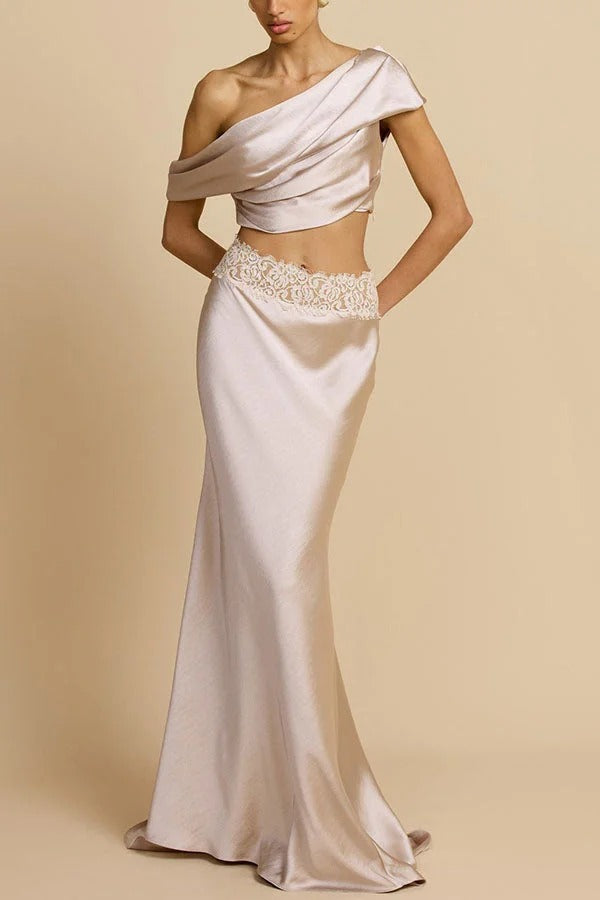 Anaya Satin Asymmetrical Off Shoulder Cropped Top and Lace Trim High Rise Maxi Skirt Set