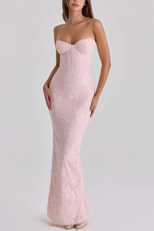Sheer Lace Strapless Mermaid Maxi Dress