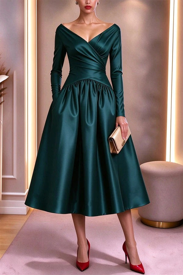 Evening Gown Satin V-neck Long Sleeve Fitted Waist Pocket Full Flared Midi Dress