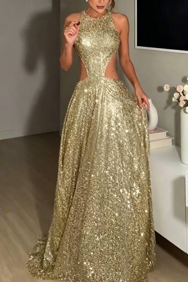 Dazzling Night Sequin Crew Neck Cutout Waist Open Back Flare Maxi Dress